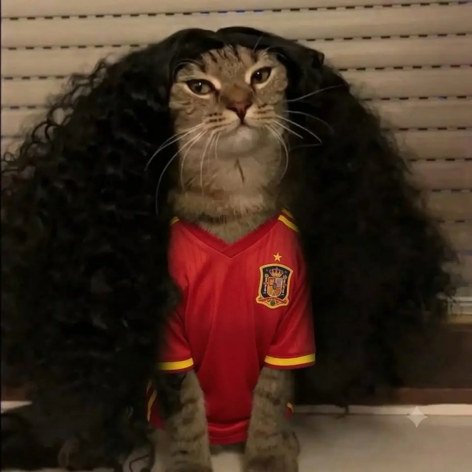 A tabby cat wearing a red Spain football jersey and a long curly black wig, sitting in front of a window shutter